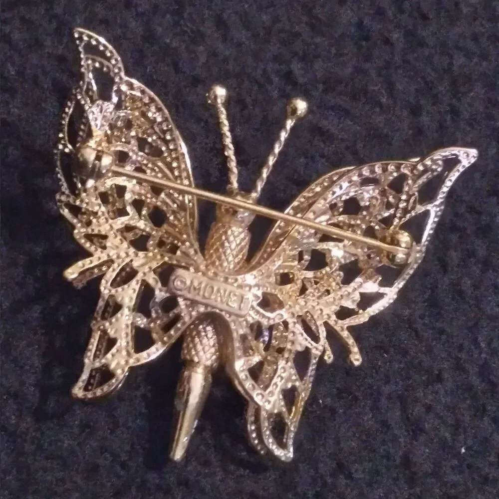 Vintage Signed Monet Gold Toned Beautiful Filigree Butterfly Brooch Pin